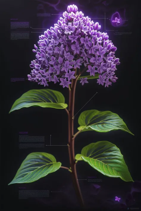 a bioluminescent Lilac, black background, J_diagram <lora:J_diagram:1>