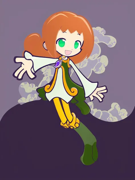 <lora:ally:0.8:ALL> kawaii ally cute 1girl, green eyes, purple pendant, orange hair, medium hair +++ yellow pantyhose, green dress, lightgreen shirt, green boots +++ :D upper teeth disgusted eyes