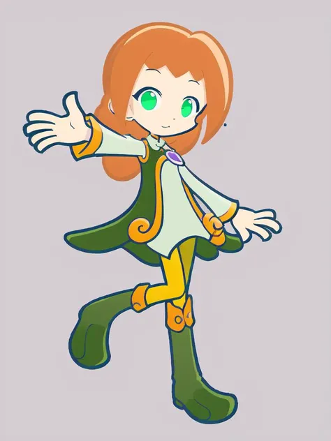 <lora:ally:0.8:ALL> kawaii ally cute 1girl, green eyes, purple pendant, orange hair, medium hair +++ yellow pantyhose, green dress, lightgreen shirt, green boots +++ whiskers