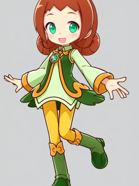 <lora:ally:0.8> kawaii ally cute 1girl, green eyes, purple pendant, light brown hair, medium hair, curly hair yellow pantyhose, green dress, lightgreen shirt, green boots happy style parody