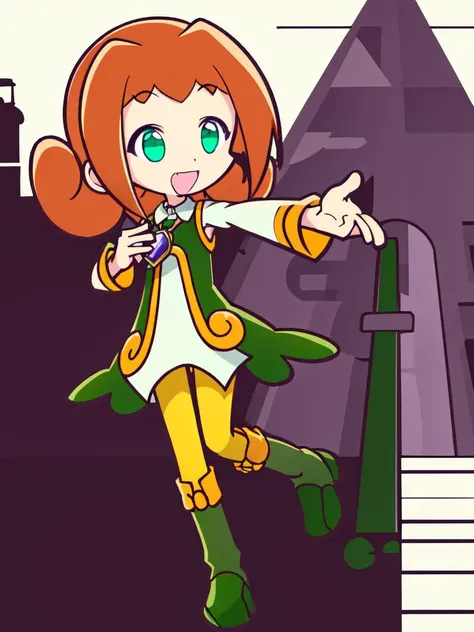 <lora:ally:0.8:ALL> kawaii ally cute 1girl, green eyes, purple pendant, orange hair, medium hair +++ yellow pantyhose, green dress, lightgreen shirt, green boots +++ wavy mouth, +++ best quality, high detailed, anime coloring game cg contrapposto ++ Faint lips,UC:realistic cute anime face cinematic angle Girl at the front single focus dynamic pose, full body , pyramid wind outdoors