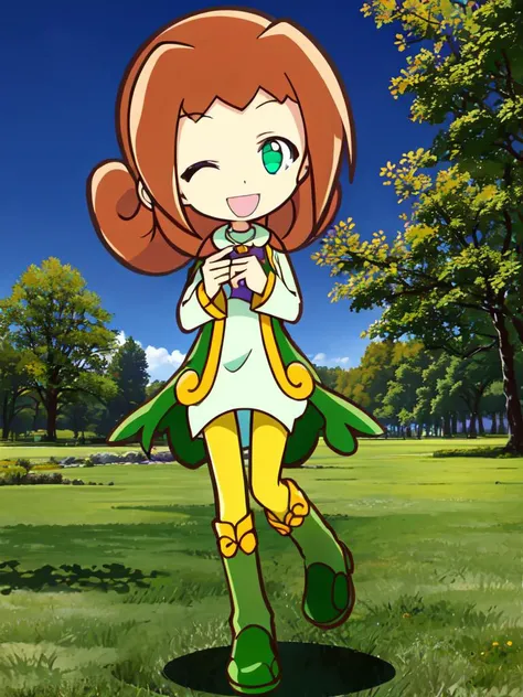 <lora:ally:0.8:ALL> kawaii ally cute 1girl, green eyes, purple pendant, orange hair, medium hair +++ yellow pantyhose, green dress, lightgreen shirt, green boots +++ (squinting eyes:1.4) smile, +++ best quality, high detailed, anime coloring game cg contrapposto ++ Faint lips,UC:realistic cute anime face cinematic angle Girl at the front single focus dynamic pose, portrait , lantern floating wind outdoors