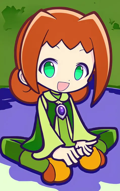 <lora:pyo_ally:0.9:lbw=ALL> kawaii pyo_ally cute 1girl, green eyes, purple pendant, orange hair, medium hair +++ yellow pantyhose, green dress, lightgreen shirt, green boots +++ :D, from above sitting indian style