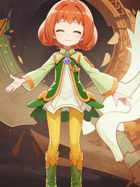 +++ extremely quality extremely detailed absurdres high resolution, contrapposto glow shine like opal animeted <lora:_hipoly3DModelLora_v10:0.2:NF> hiqcgbody ++ Faint lips,UC:realistic cute anime face cinematic angle Girl at the front single focus dynamic pose, <lora:ally:0.7:ALL> kawaii ally cute 1girl, green eyes, purple pendant, orange hair, medium hair +++ yellow pantyhose, green dress, lightgreen shirt, green boots +++ closed eyes smile:1.2