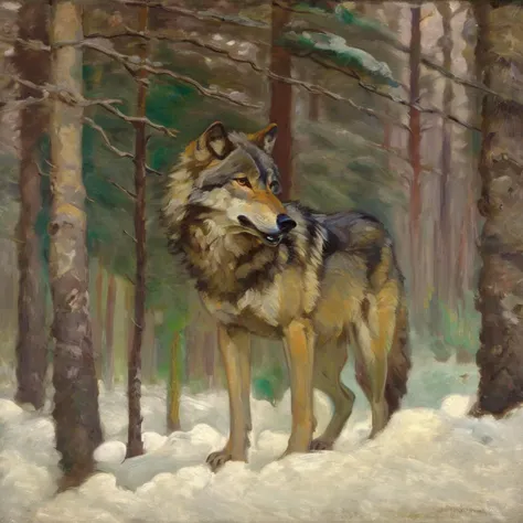 jchelmonski close up wolf between trees, expressive <lora:jchelmonski:1>