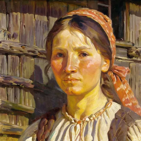 jchelmonski close-up of the face of a young beautiful peasant woman in the background of a wooden cottage, expressive <lora:jchelmonski:1>