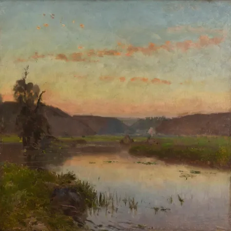 jchelmonski river and hills, nostalgic landscape at sunrise<lora:jchelmonski:1>