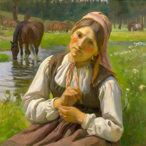 jchelmonski close up  a beautiful peasant woman in a meadow with a horse, by the stream, expressive <lora:jchelmonski:1>