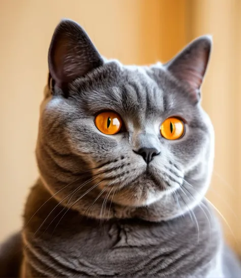 ,portrait of a grey British Shorthair cat with striking orange eyes,neutral background,looking upwards,detailed fur texture,sharp focus on the face with blurred background,natural lighting,soft shadows across the fur,domestic feline,serene expression,high-quality photograph,<lora:çå®å¤§æ¨¡å-000002:0.6>