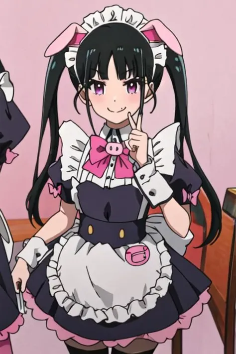 best quality, masterpiece, highres, solo, {yumechi_akibameidosensou:1.15}, black_hair, maid_headdress, maid, twintails, animal_ears, purple_eyes, bow, long_hair, pink_bow, apron, fake_animal_ears, maid_apron, bangs, pig_ears, 1girl, anime_coloring, fang, open_mouth, smile, alternate_costume, hair_ornament, scrunchie, index_finger_raised