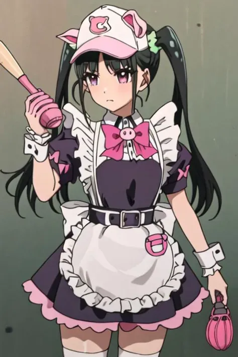 best quality, masterpiece, highres, solo, {yumechi_akibameidosensou:1.15}, black_hair, maid_headdress, maid, twintails, animal_ears, purple_eyes, bow, long_hair, pink_bow, apron, fake_animal_ears, maid_apron, bangs, pig_ears, baseball_cap, hat, sportswear, 1girl, baseball_mitt, baseball_uniform, belt, baseball, shorts