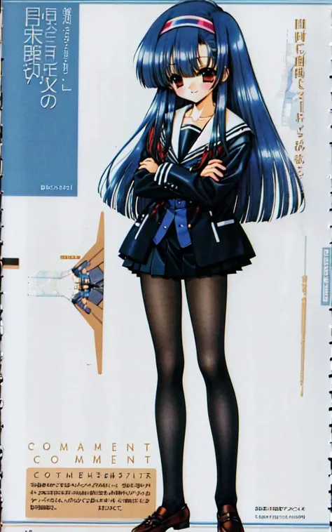1girl, pantyhose, long hair, school uniform, full body, skirt, simple background, shoes, white background, black pantyhose, hairband, looking at viewer, blue hair, loafers, pleated skirt, smile, brown eyes, crossed arms, bangs, standing, blush, long sleeves, breasts, jacket, red eyes, white background <lora:ramiyaryou1:1>