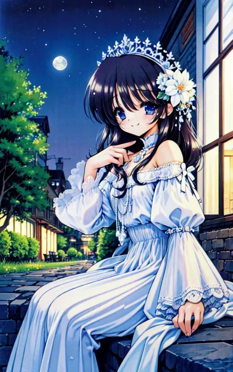 masterpiece, best quality, hair flower, tiara, off-shoulder dress, white dress, night, garden, marble stone architecture, looking at viewer, tears in eyes, smile, moon <lora:ramiyaryou1:1>