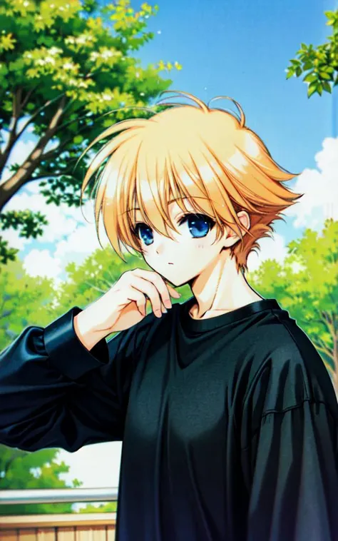 a man with blonde hair and a black shirt is looking at something in the distance with trees in the background, solo, blurry, male_focus, 1boy <lora:ramiyamerge:0.6>