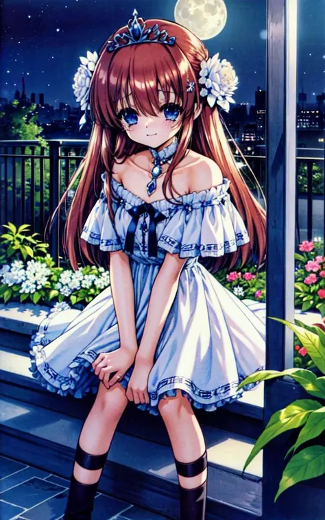 masterpiece, best quality, hair flower, tiara, off-shoulder dress, sundress, night, garden, marble stone architecture, looking at viewer, tears in eyes, smile, moon <lora:ramiyaryou1:1>