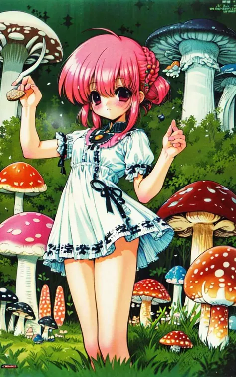 masterpiece, best quality, 1girl, blush, pink hair, cute, forest, (mushrooms, mushroom forest:1.1), (mushroom inspired clothes:1.1), short dress, dynamic pose <lora:ramiyaryou1:1>