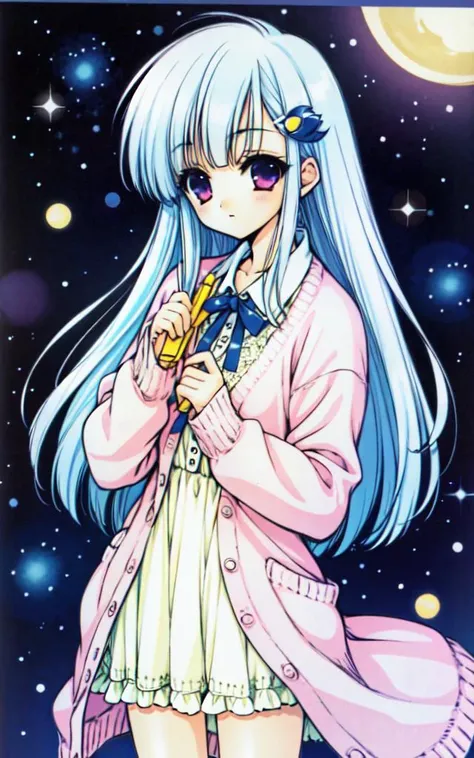 ryouramiya, 1girl, solo, very long hair, white hair, colored eyelashes, bangs, hair ornament, hairclip, crescent moon, pale color, pink cardigan, white dress, nightgown, ruffles, lace <lora:ryouramiyav10:0.7>