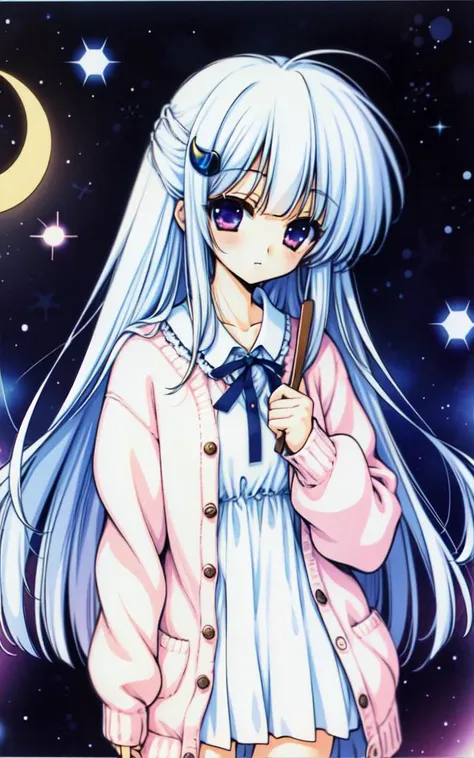 ryouramiya, 1girl, solo, very long hair, white hair, colored eyelashes, bangs, hair ornament, hairclip, crescent moon, pale color, pink cardigan, white dress, nightgown, ruffles, lace <lora:ryouramiyav10:0.7>
