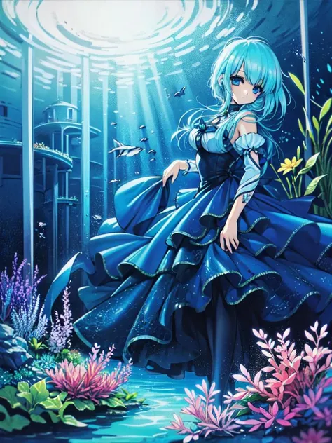masterpiece, best quality, pop art, 1 girl, beautiful and detailed art, pastel color, soft lighting, magnificent panorama view, an extremely detailed castle of Underwater City, a beautiful castle under the sea, a princess of Underwater City, beautiful detailed eyes, a girl gazing the castle of Underwater City, a Underwater City on background, a Underwater City sea blooming with coral flowers, some colorful fish, aqua blue makeup, glowing skin, silver hair with aqua blue dip-dye hair, <lora:ryouramiyav10:0.8>