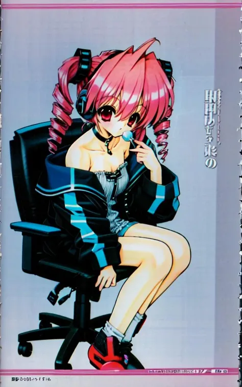 1girl, solo, pink hair, headphones, drill hair, sitting, socks, twin drills, chair, jacket, black background, multicolored hair, looking at viewer, black jacket, simple background, long sleeves, full body, hair ornament, white socks, holding, choker, bangs, shirt, shorts, chewing gum, knees up, food, controller, black choker, pink eyes, off shoulder, stuffed toy, office chair, lollipop, hair between eyes, slippers, blue hair, black shorts, stuffed animal, twintails, open jacket , <lora:ramiyamerge:0.6>