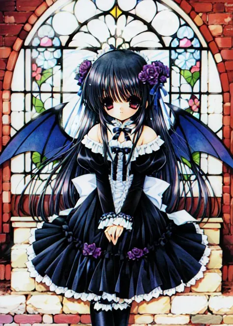 1girl, solo, slim, looking at viewer, long black hair, sitting, in castle, window, (fireplace), detailed background, lolita_fashion, gothic, stained glass window, wings, hair ornament, hair_flower, rose <lora:ryouramiyav5:0.8>