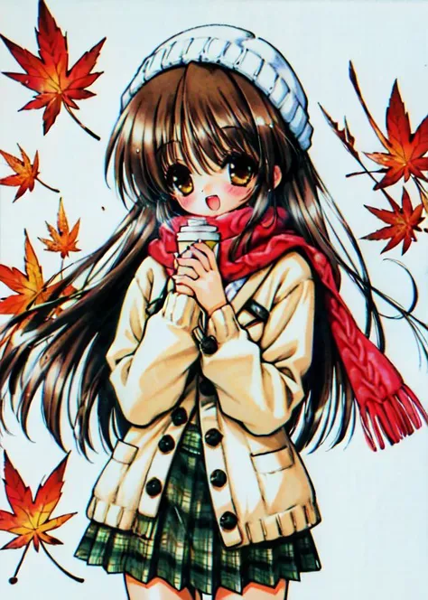 chibi,extremely detailed, intricate, masterpiece, absurdres,1girl, (\:d:1.0) autumn leaves, bangs, black headwear, blurry background, blush, brown eyes, brown hair, brown scarf, brown skirt, cardigan, cowboy shot, disposable cup, falling leaves, beanie, holding, holding coffee, leaf, long hair, long sleeves, looking at viewer, open cardigan, open mouth, plaid skirt, puffy long sleeves, red sweater, scarf, shirt tucked in, sidelocks, skirt, smile, solo, sweater, white shirt,<lora:ryouramiyav5:0.8>
