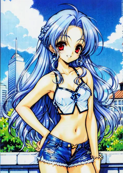 best quality, (masterpiece:1.2), illustration, absurdres, (1girl, solo), (beautiful detailed girl), silver hair, long hair, wavy hair, forehead, red eyes, medium breasts, pearl earrings, white camisole crop top, denim shorts, smile, looking at viewer, (upper body), city marketplace, fountain, buildings, trees, day, sky, clouds, sun, contrapposto, hand on hip, teeth <lora:ryouramiyav5:0.8>