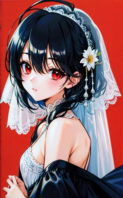 best quality, masterpiece,Black hair, red eyes, (looking up:0.2), looking at viewer, upper body,(red background:0.6), wedding dress,<lora:ramiyaryou1:0.8>