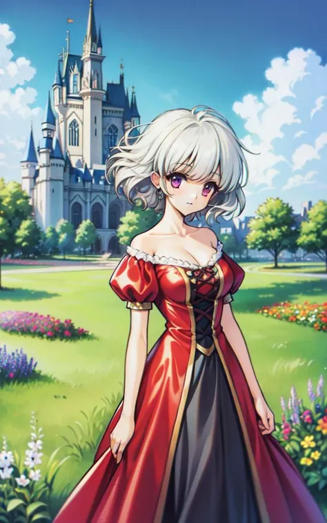 ((best quality, masterpiece)), 1girl, princess pink dress, flowers, white messy hair, outdoor, clouds on background,fantasy, medieval, castle on background <lora:ryouramiyav10:0.8>