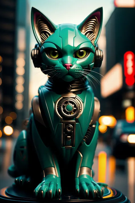 sleek black stealth mechanical cat,car, cyberpunk city in background, <lora:Mechanicalcat:0.7>