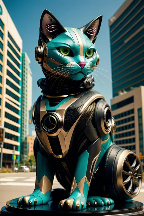 sleek black stealth mechanical cat,car, cyberpunk city in background, <lora:Mechanicalcat:0.7>