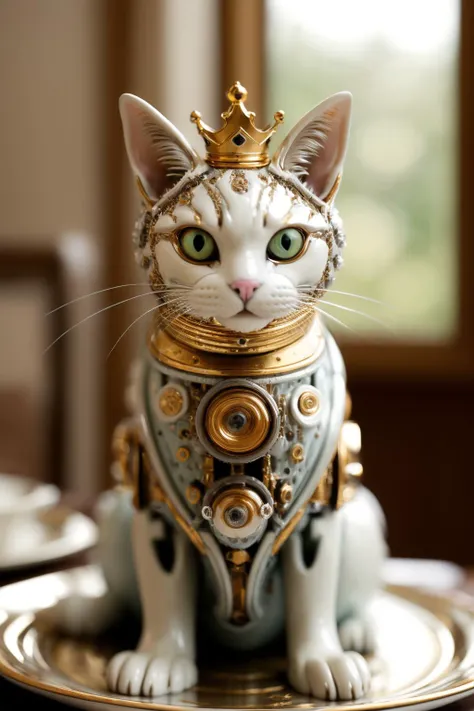 mechanical cat sitting at a fine dining table, wearing a tiny crown, crystal and porcelain plateware wealthy luxurious opulent mansion f/1.4 200mm zoom depth of field ultra sharp photograph, (bright morning sunlight shining:1.2) (masterpiece:1.2) (photorealistic:1.2) (bokeh) (best quality) (detailed skin) (intricate) (8k) (HDR) (cinematic lighting) (sharp focus)
<lora:Mechanicalcat:0.7>