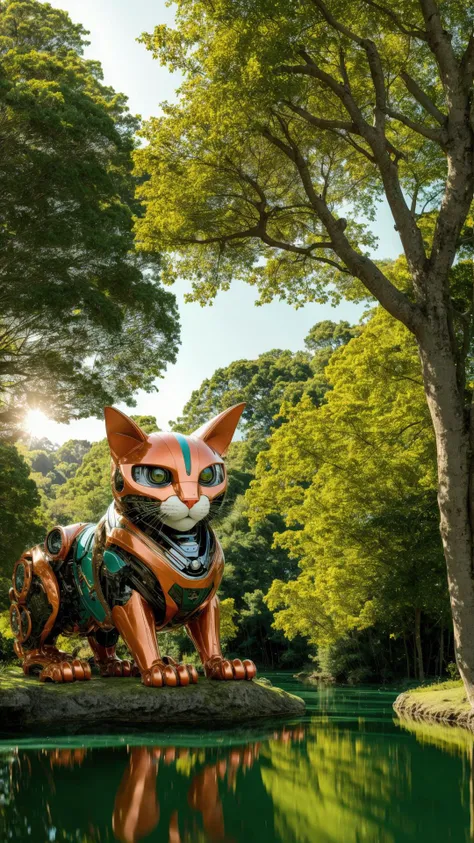mechanical cat,((masterpiece)), ((best quality)), 8k, high detailed, The subject is positioned at the center of the visual,ultra-detailed, A (red:1.4) , harmoniously integrated into the beauty of nature, capturing the balance between technology and the environment, mechanical cat, ((nature)), ((harmonious integration)), ((technology and environment balance)), gear mechanisms, perched on tree branch, fluttering leaves, sun rays through canopy, reflection in a pond.<lora:Mechanicalcat:0.7>