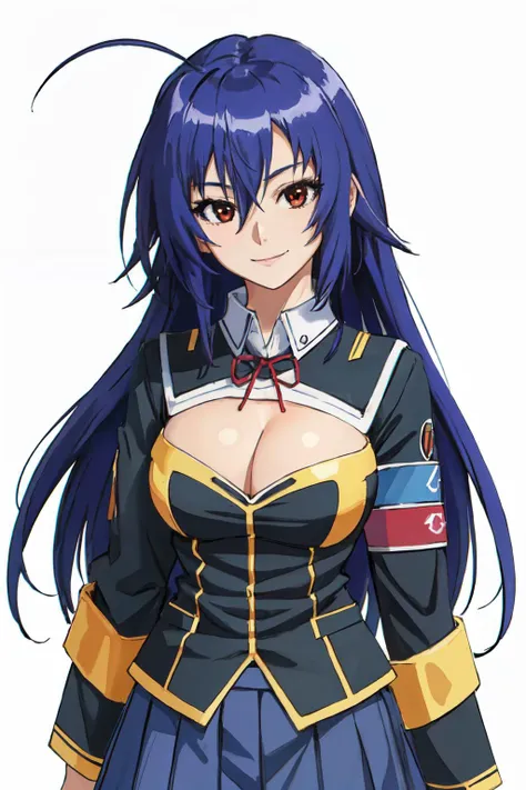 <lora:Kizuki - Medaka Box - Kurokami Medaka:0.8>kurokami medaka, red eyes, blue hair, long hair, ahoge, large breasts, from below,
school uniform, cleavage cutout, clothing cutout, pleated skirt, panties,
(best quality, masterpiece, RAW photo,ultra-detailed:1.2), <lyco:GoodHands-beta2:1.0>,1girl,solo,looking at viewer,smile