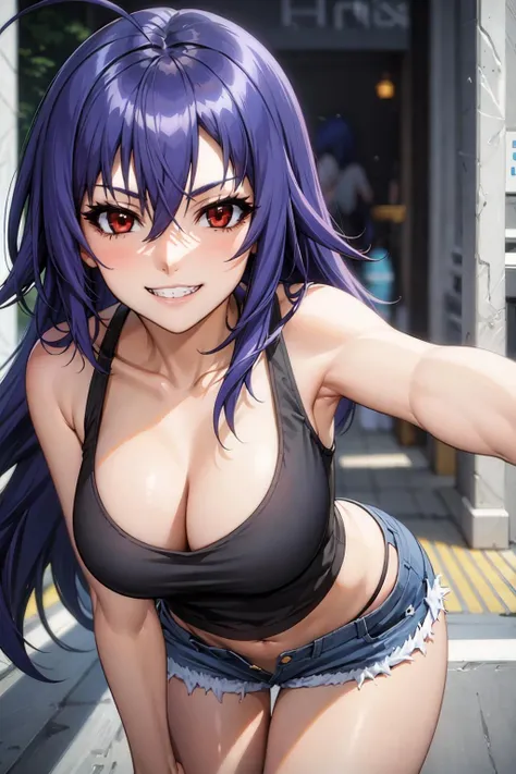 best quality, masterpiece, portrait, 1girl, kurokami medaka, red eyes, blue hair, long hair, ahoge, large breasts, black tank top, denim shorts, city, leaning forward, cleavage, looking at viewer, grin,
<lora:Kizuki - Medaka Box - Kurokami Medaka:0.9>