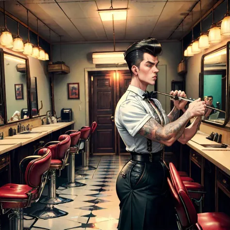 Rocking Rockabilly Pompadour Hairstyle, Wearing Saddle Shoes, Inside a 1950s Barber Shop: Spinning pole, black chairs, white-capped barbers, thick lines, masterpiece, high resolution, hd, 8k, shallow depth of field, <lora:more_details:0.5>