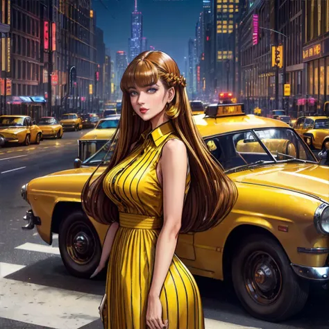 Flaunting Long, Straight Hair with Center Part Hairstyle, Wearing a Shirtwaist Dress, In a 1950s Cityscape: Skyscrapers, yellow cabs, colorful clothing hustle, thick lines, masterpiece, high resolution, hd, 8k, shallow depth of field, <lora:more_details:0.5>