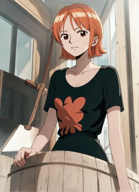 (masterpiece),naminami,<lora:nami-000019:0.8>,carrying under arm,t-shirt,smug expression, conceited, self-satisfied, arrogant