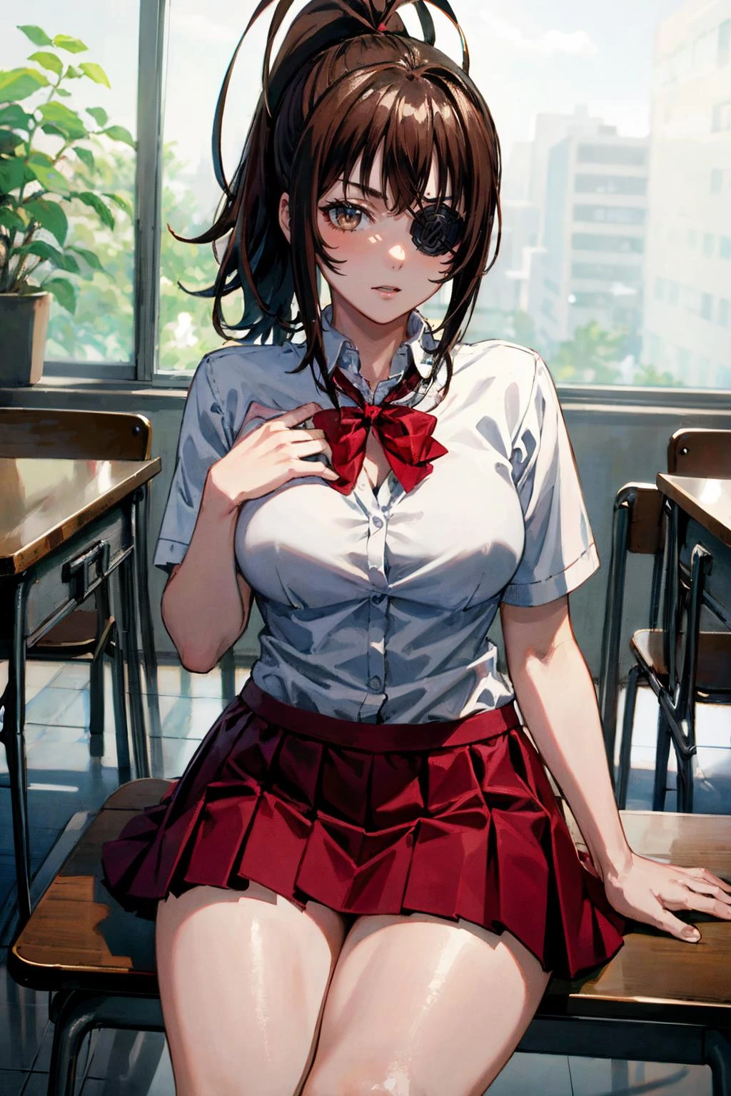 <lora:more_details:0.5>, <lora:yagyu-09:0.7>, yagyu_wz, brown hair, brown eyes,red skirt, miniskirt, school uniform, pleated skirt, white shirt, ponytail, red ribbon, (eyepatch:1.2), medium breasts, sitting, indoors, classroom,, 1girl, (masterpiece:1.3), (high resolution), (8K), (extremely detailed), (4k), (pixiv), perfect face, nice eyes and face, (best quality), (super detailed), detailed face and eyes, (solo), textured skin, absurdres, highres