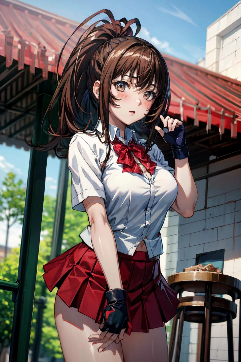<lora:more_details:0.6>, <lora:yagyu-09:0.7> yagyu_wz, brown hair, brown eyes, school uniform, pleated skirt,red skirt, miniskirt, white shirt, ponytail, red ribborn, medium breasts, fingerless gloves, standing, looking at viewer, (view from below:1.2), park, blush, nervous,, 1girl, (masterpiece:1.3), (high resolution), (8K), (extremely detailed), (4k), (pixiv), perfect face, nice eyes and face, (best quality), (super detailed), detailed face and eyes, (solo), textured skin, absurdres, highres