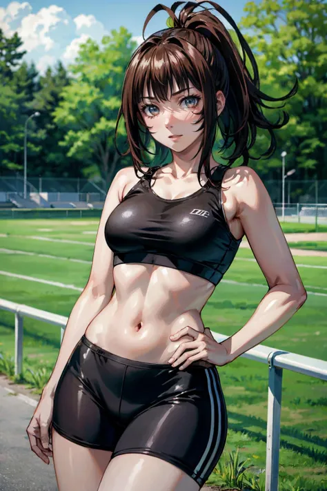 <lora:more_details:0.6>, <lora:yagyu-09:0.7>, yagyu_wz, brown hair, brown eyes, ponytail, medium breasts, sports bra, sport pants, cowboy shot, dynamic pose, grass, outdoors, 1girl, (masterpiece:1.3), (high resolution), (8K), (extremely detailed), (4k), (pixiv), perfect face, nice eyes and face, (best quality), (super detailed), detailed face and eyes, (solo), textured skin, absurdres, highres