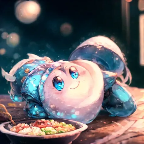 masterpiece, best quality,   kirby, blue eyes, smile, <lora:kbV3.0:0.8>, 1girl, young woman, power armor, angular, ramen shop, resting on a diagonal, <lora:iridescentArmored:0.8>