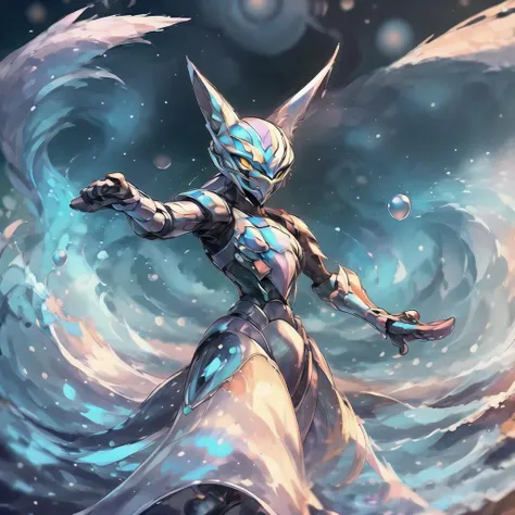 masterpiece, best quality, Mewtwo, pokemon_creature, non-human, <lora:Char - Mewtwo:0.8>, 1girl, young woman, power armor, distinguished, cosmic, archer pose, <lora:iridescentArmored:0.8>