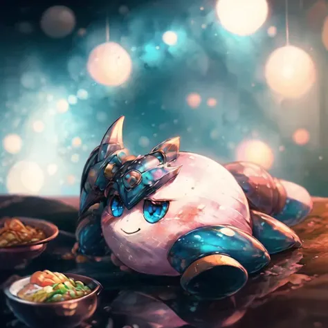 masterpiece, best quality, kirby, blue eyes, smile, <lora:kbV3.0:0.8>, 1girl, young woman, power armor, angular, ramen shop, resting on a diagonal, <lora:iridescentArmored:0.8>