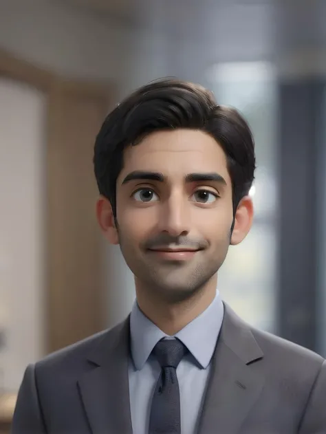big head,1boy,necktie,male focus,solo,shirt,black hair,looking at viewer,formal,smile,suit,jacket,indoors,blue shirt,collared shirt,blurry background,facial hair,blurry,upper body,realistic,short hair,closed mouth,black necktie,(best quality:1.5),(masterpiece:1.5),(super Realistic:1.5),(high detail:1.5),