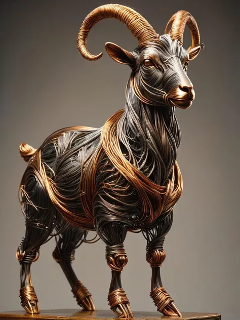 a silver wire made out of ral-copperwire wrapped around a golden wire inside a bronze bronze statue of a goat made out of platinum that is leaking mercury, deep shadows <lora:ral-copperwire:.8>