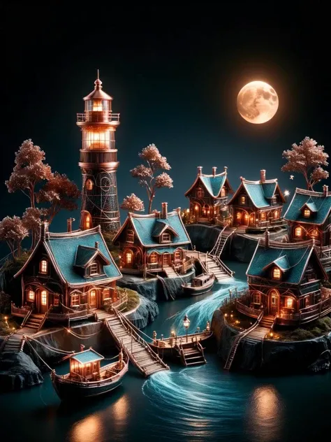 A whimsical miniature fairy village at night, with tiny habor, fishing boats, a lighthouse, houses, bridges, and gardens all intricately detailed in ral-copperwire, smoke from chimneys, buildings with ethereal lights, dark, atmospheric, dynamic, cinematic, masterpiece, intricate, hdr.  <lora:ral-copperwire-sdxl:1>