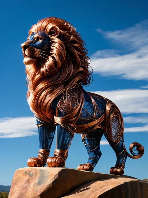 <lora:ral-copperwire-sdxl:1>, <lora:EnvyBetterHiresFixXL01:0:hr=1> A ral-copperwire-sdxl lion, standing proud on Pride Rock with a beautiful blue sky above