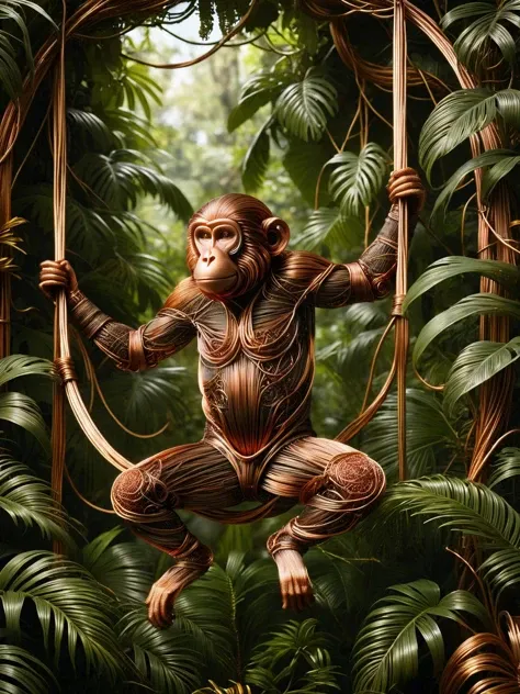 <lora:ral-copperwire-sdxl:1>, <lora:EnvyBetterHiresFixXL01:0:hr=1> An intricately detailed ral-copperwire-sdxl monkey, swinging in the dense jungle filled with trees, vines and dense foliage