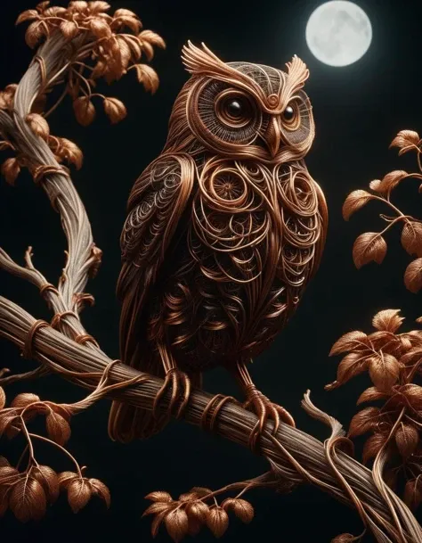 hyperrealistic art A stunningly intricate mechanical ral-copperwire owl perches gracefully on a gnarled tree branch, its piercing gaze fixed directly upon the viewer. The creature's eyes are exquisitely detailed, reflecting the ethereal glow of a dark nebula that shimmers in the background. Soft bokeh adds an air of mystery to this captivating scene. . extremely high-resolution details, photographic, realism pushed to extreme, fine texture, incredibly lifelike, , <lora:ral-copperwire:1>